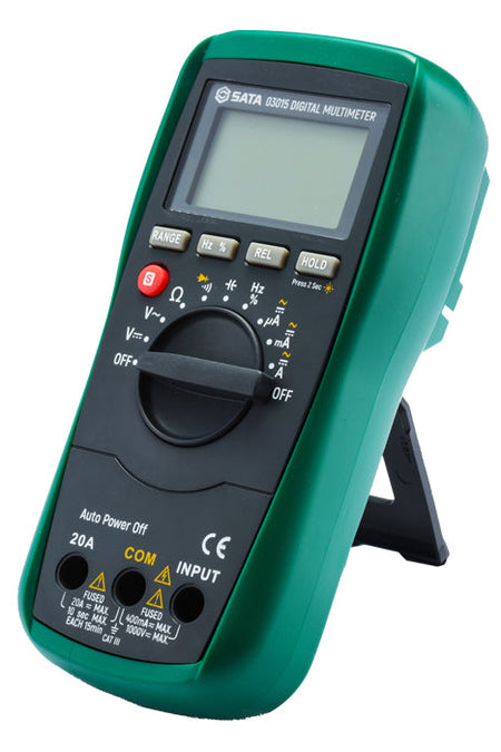 SATA 03015/03017 digital multimeter, auto-range, CAT III 1000V safety. Measures voltage, current, resistance, frequency; 03017 adds temp test.