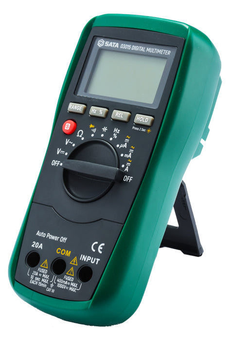 SATA 03015/03017 digital multimeter, auto-range, CAT III 1000V safety. Measures voltage, current, resistance, frequency; 03017 adds temp test.
