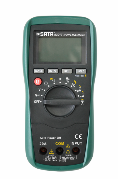SATA 03015/03017 digital multimeter, auto-range, CAT III 1000V safety. Measures voltage, current, resistance, frequency; 03017 adds temp test.
