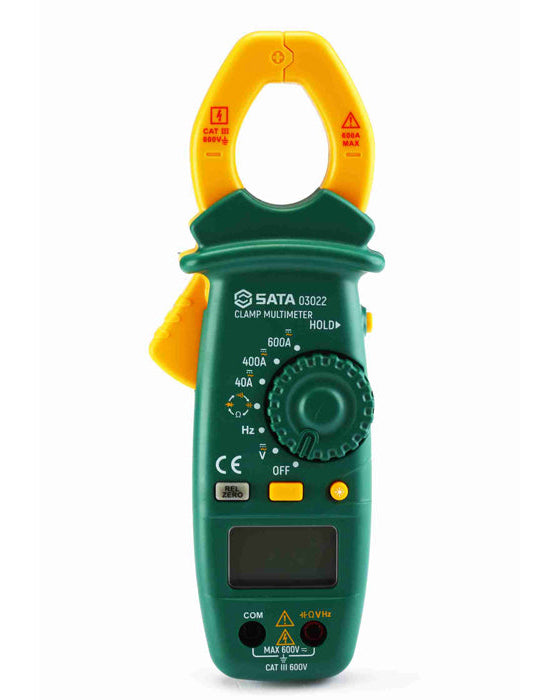 SATA 03022 AC/DC clamp multimeter measures voltage, current, resistance, capacitance & frequency with backlight & data-hold function.