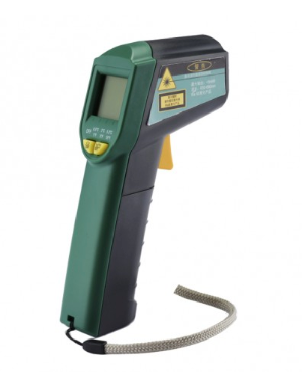 SATA 03031 non-contact infrared thermometer with -38°C to 520°C range, 12:1 distance ratio & three-color backlight for quick temp checks.