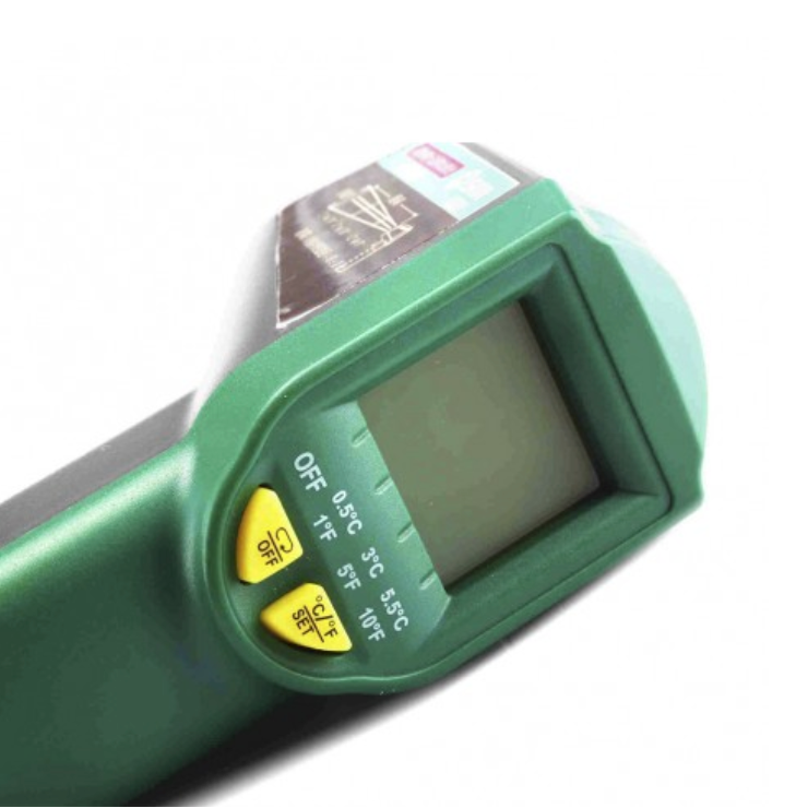 SATA 03031 non-contact infrared thermometer with -38°C to 520°C range, 12:1 distance ratio & three-color backlight for quick temp checks.