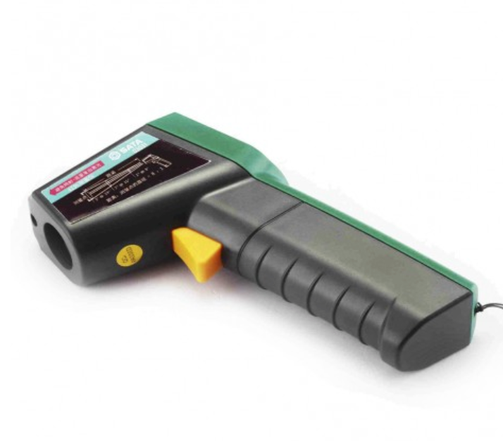 SATA 03031 non-contact infrared thermometer with -38°C to 520°C range, 12:1 distance ratio & three-color backlight for quick temp checks.