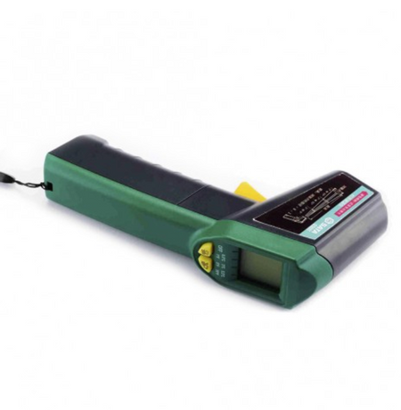 SATA 03031 non-contact infrared thermometer with -38°C to 520°C range, 12:1 distance ratio & three-color backlight for quick temp checks.