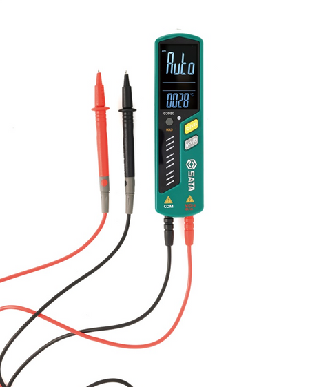 SATA 03080 pen multimeter with auto-range, temperature test, NCV & Type C charging. Measures AC/DC voltage, frequency, capacitance & more.