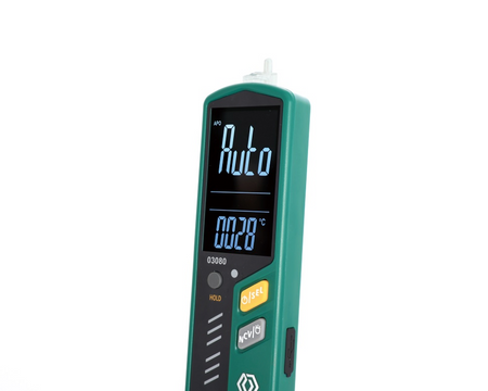 SATA 03080 pen multimeter with auto-range, temperature test, NCV & Type C charging. Measures AC/DC voltage, frequency, capacitance & more.