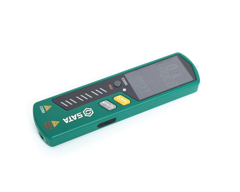 SATA 03080 pen multimeter with auto-range, temperature test, NCV & Type C charging. Measures AC/DC voltage, frequency, capacitance & more.
