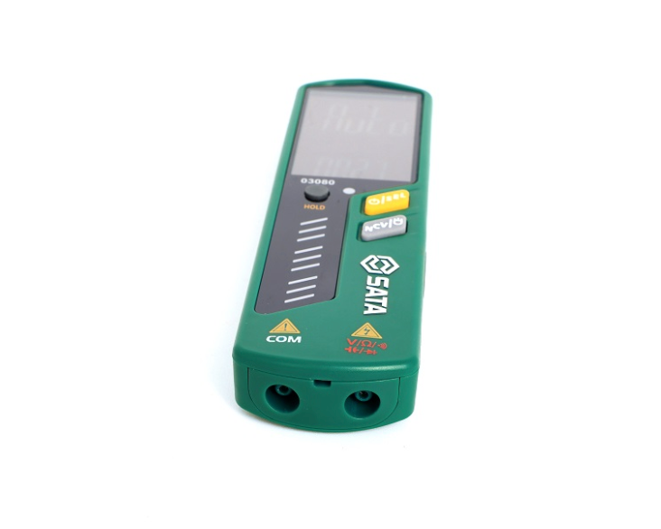 SATA 03080 pen multimeter with auto-range, temperature test, NCV & Type C charging. Measures AC/DC voltage, frequency, capacitance & more.