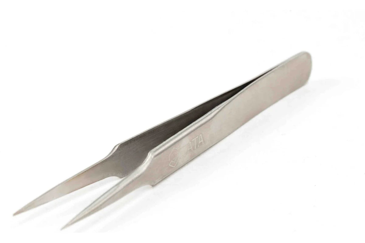 SATA 03105 pointed tip tweezers, 115mm, stainless steel with acid resistance & diamagnetism. Fine tips for precision electronic work.