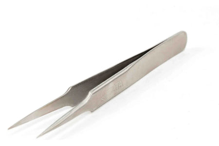 SATA 03105 pointed tip tweezers, 115mm, stainless steel with acid resistance & diamagnetism. Fine tips for precision electronic work.