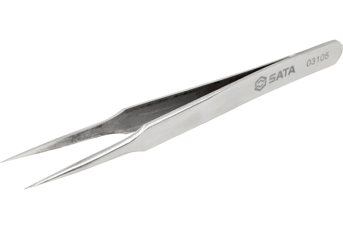 SATA 03105 pointed tip tweezers, 115mm, stainless steel with acid resistance & diamagnetism. Fine tips for precision electronic work.
