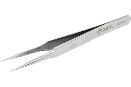 SATA 03105 pointed tip tweezers, 115mm, stainless steel with acid resistance & diamagnetism. Fine tips for precision electronic work.