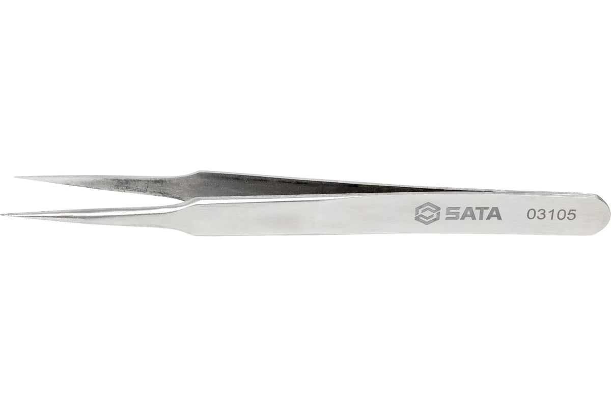 SATA 03105 pointed tip tweezers, 115mm, stainless steel with acid resistance & diamagnetism. Fine tips for precision electronic work.