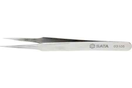 SATA 03105 pointed tip tweezers, 115mm, stainless steel with acid resistance & diamagnetism. Fine tips for precision electronic work.