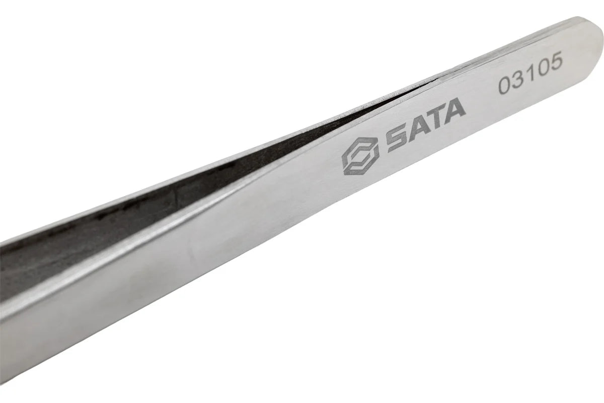 SATA 03105 pointed tip tweezers, 115mm, stainless steel with acid resistance & diamagnetism. Fine tips for precision electronic work.
