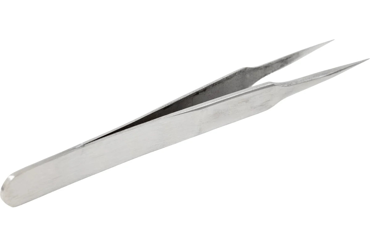 SATA 03105 pointed tip tweezers, 115mm, stainless steel with acid resistance & diamagnetism. Fine tips for precision electronic work.
