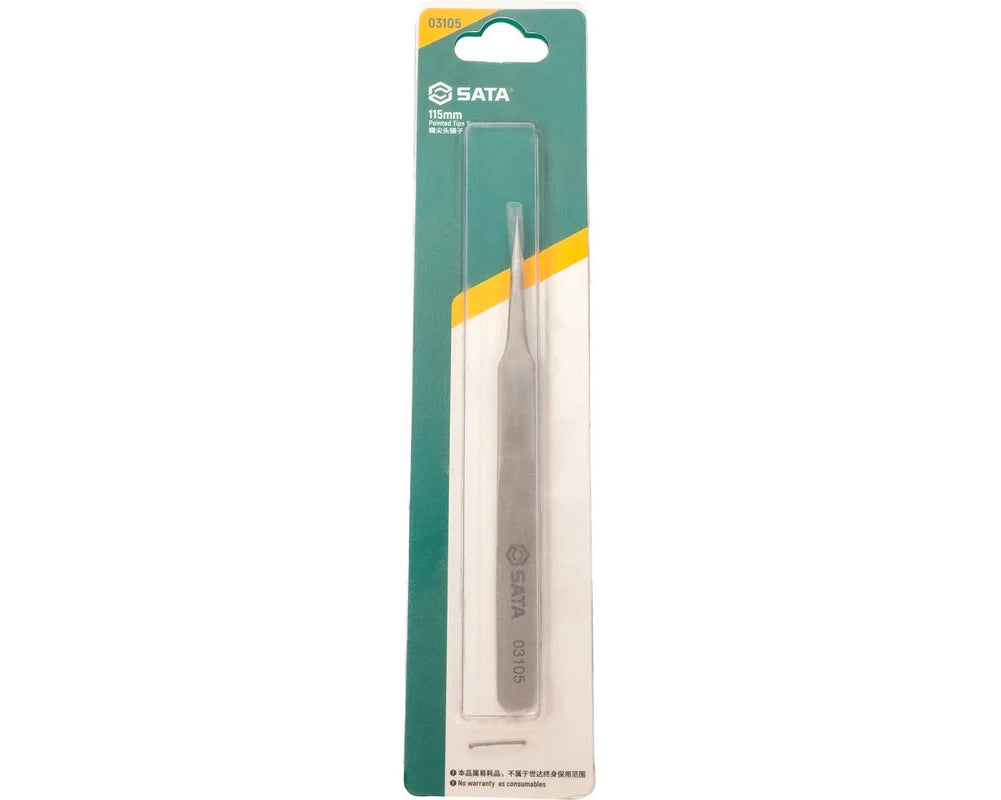SATA 03105 pointed tip tweezers, 115mm, stainless steel with acid resistance & diamagnetism. Fine tips for precision electronic work.