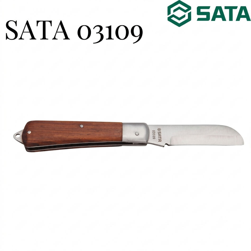 SATA 03109/03110 electrician's knife, 70mm blade, 52HRC hardness, rosewood handle. Choose straight or curved blade for precision cutting.