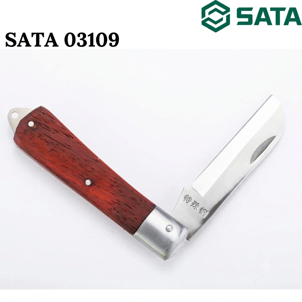 SATA 03109/03110 electrician's knife, 70mm blade, 52HRC hardness, rosewood handle. Choose straight or curved blade for precision cutting.