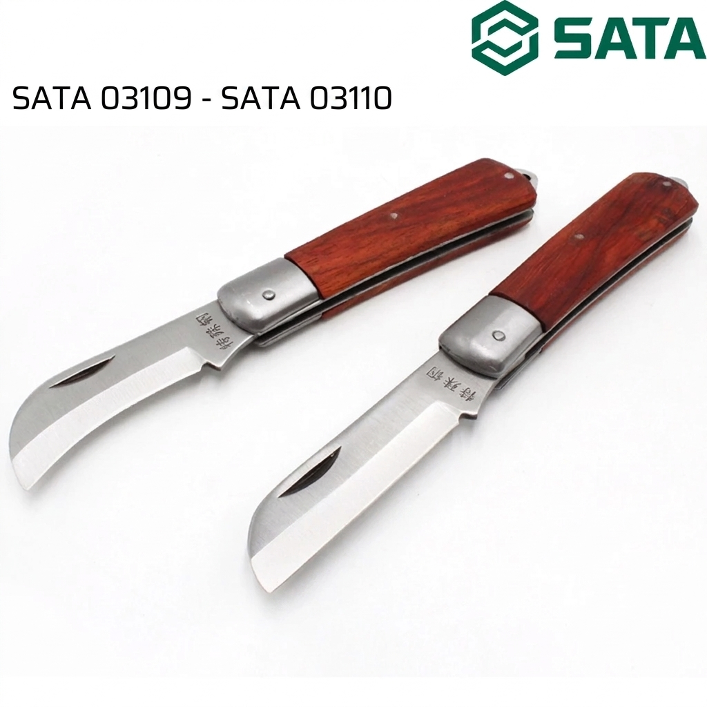 SATA 03109/03110 electrician's knife, 70mm blade, 52HRC hardness, rosewood handle. Choose straight or curved blade for precision cutting.