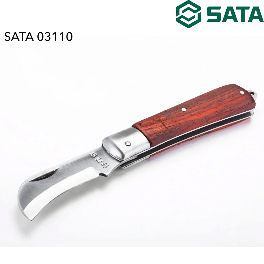 SATA 03109/03110 electrician's knife, 70mm blade, 52HRC hardness, rosewood handle. Choose straight or curved blade for precision cutting.