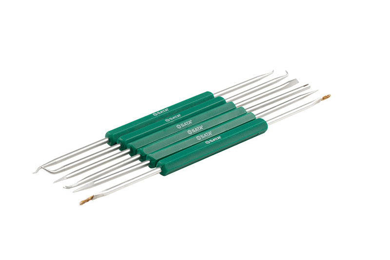 SATA 03120 6-piece soldering aid set for PCB assembly & repair. Multi-function tips for positioning, hooking, cleaning & cutting.