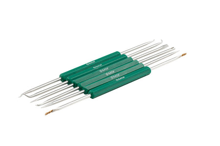 SATA 03120 6-piece soldering aid set for PCB assembly & repair. Multi-function tips for positioning, hooking, cleaning & cutting.