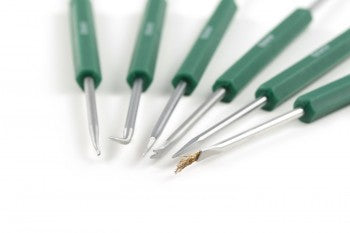 SATA 03120 6-piece soldering aid set for PCB assembly & repair. Multi-function tips for positioning, hooking, cleaning & cutting.