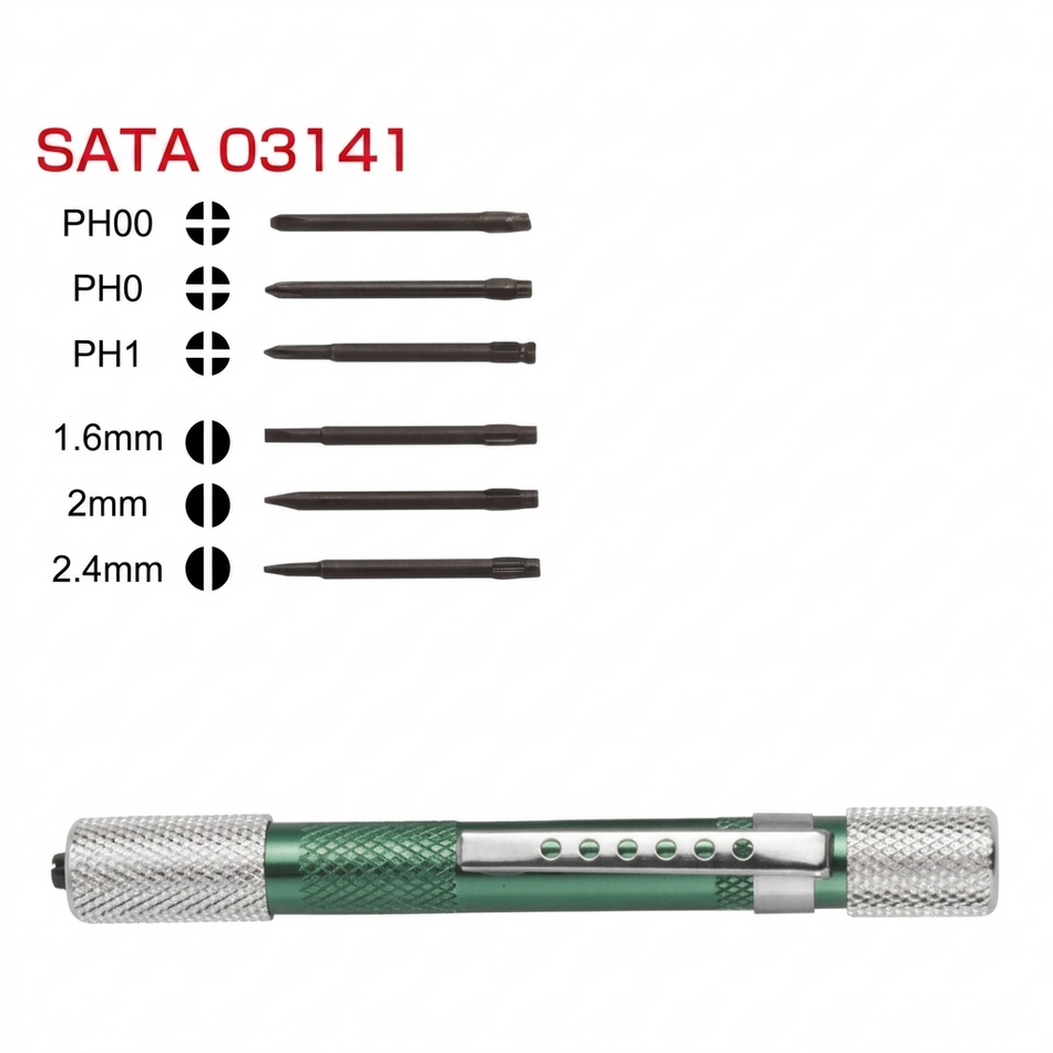 SATA 03141/03142 precision screwdriver sets, CrVMo bits, 52HRC hardness, pen-type aluminum body. Slotted/Phillips or Phillips/Torx tips.
