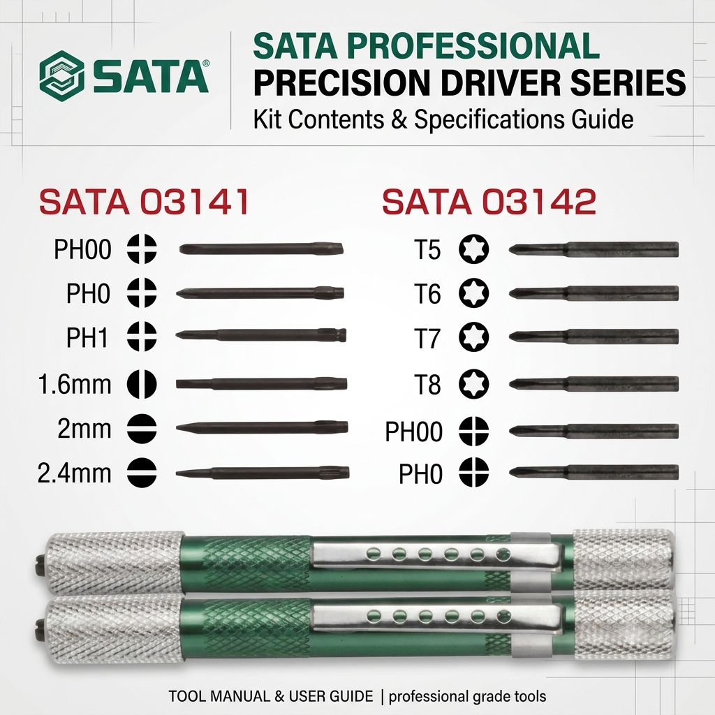 SATA 03141/03142 precision screwdriver sets, CrVMo bits, 52HRC hardness, pen-type aluminum body. Slotted/Phillips or Phillips/Torx tips.
