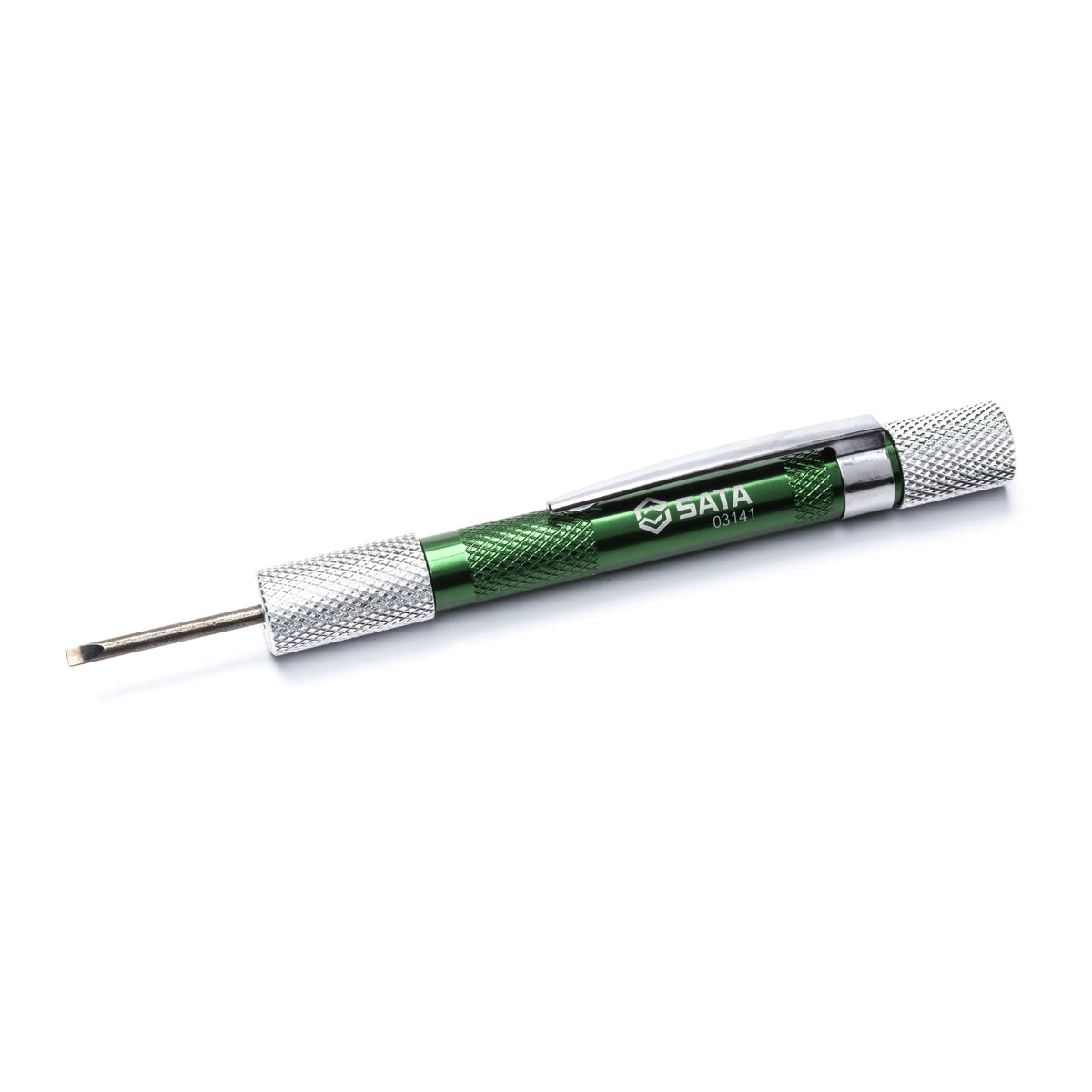 SATA 03141/03142 precision screwdriver sets, CrVMo bits, 52HRC hardness, pen-type aluminum body. Slotted/Phillips or Phillips/Torx tips.
