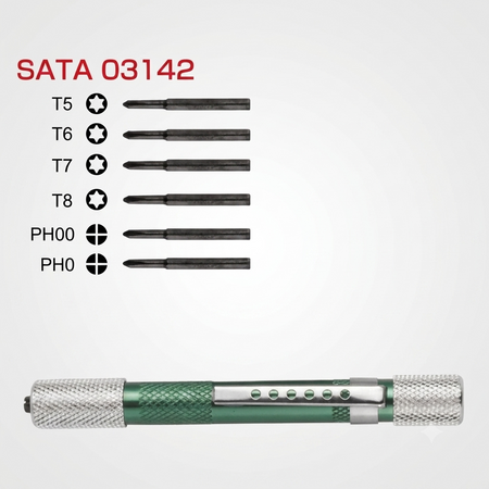 SATA 03141/03142 precision screwdriver sets, CrVMo bits, 52HRC hardness, pen-type aluminum body. Slotted/Phillips or Phillips/Torx tips.
