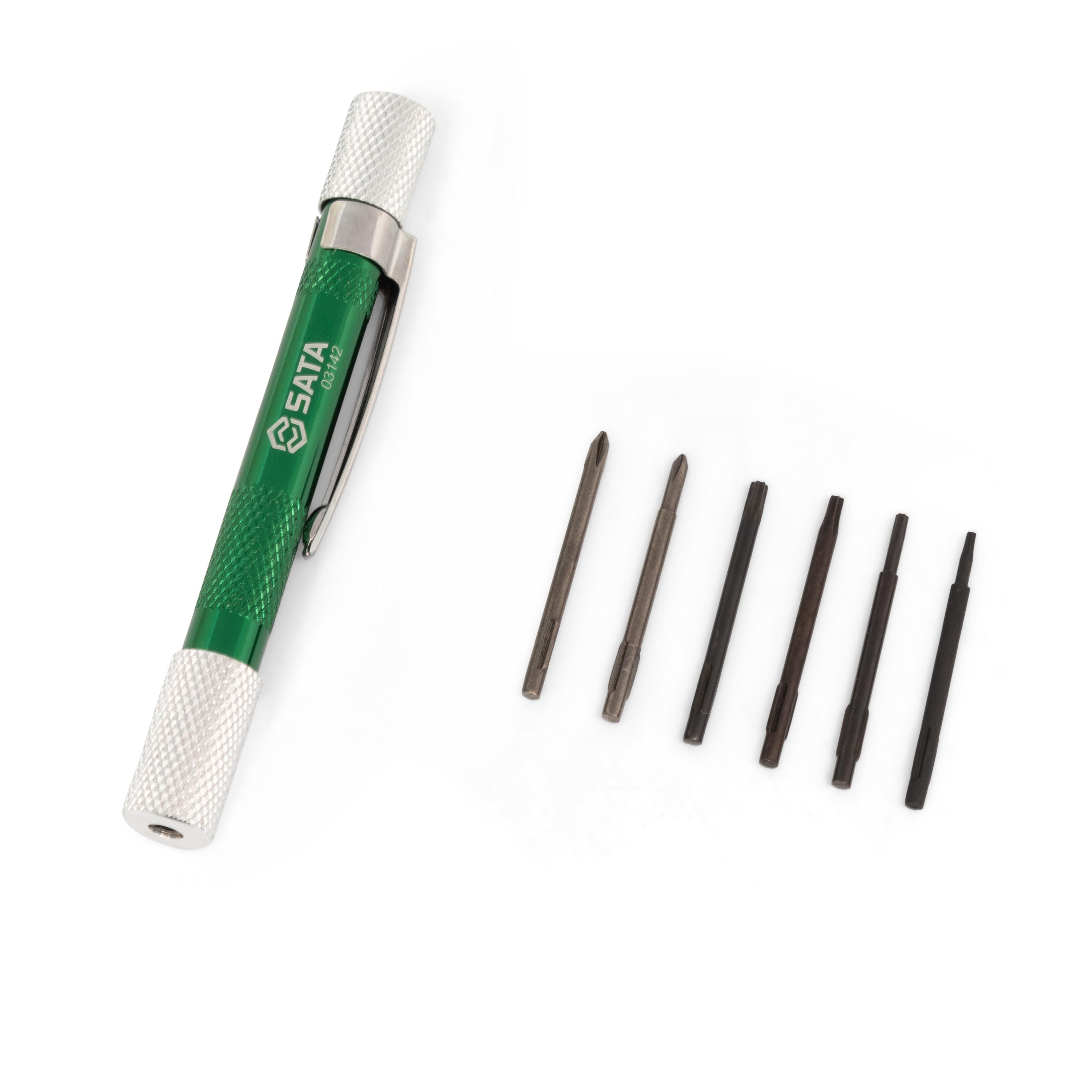 SATA 03141/03142 precision screwdriver sets, CrVMo bits, 52HRC hardness, pen-type aluminum body. Slotted/Phillips or Phillips/Torx tips.
