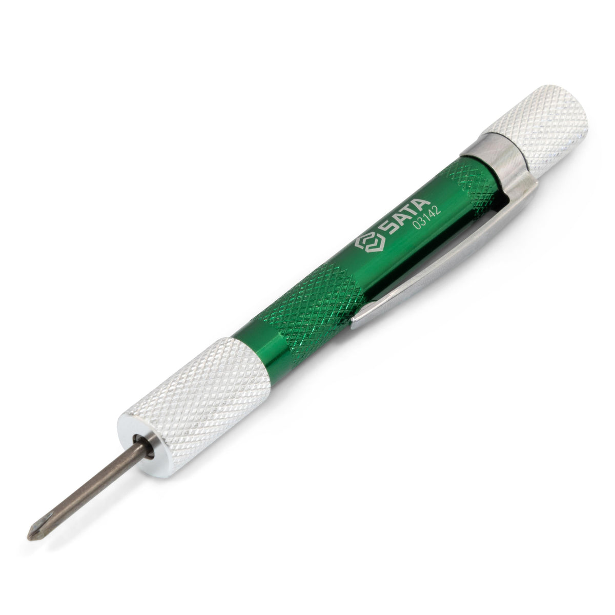 SATA 03141/03142 precision screwdriver sets, CrVMo bits, 52HRC hardness, pen-type aluminum body. Slotted/Phillips or Phillips/Torx tips.
