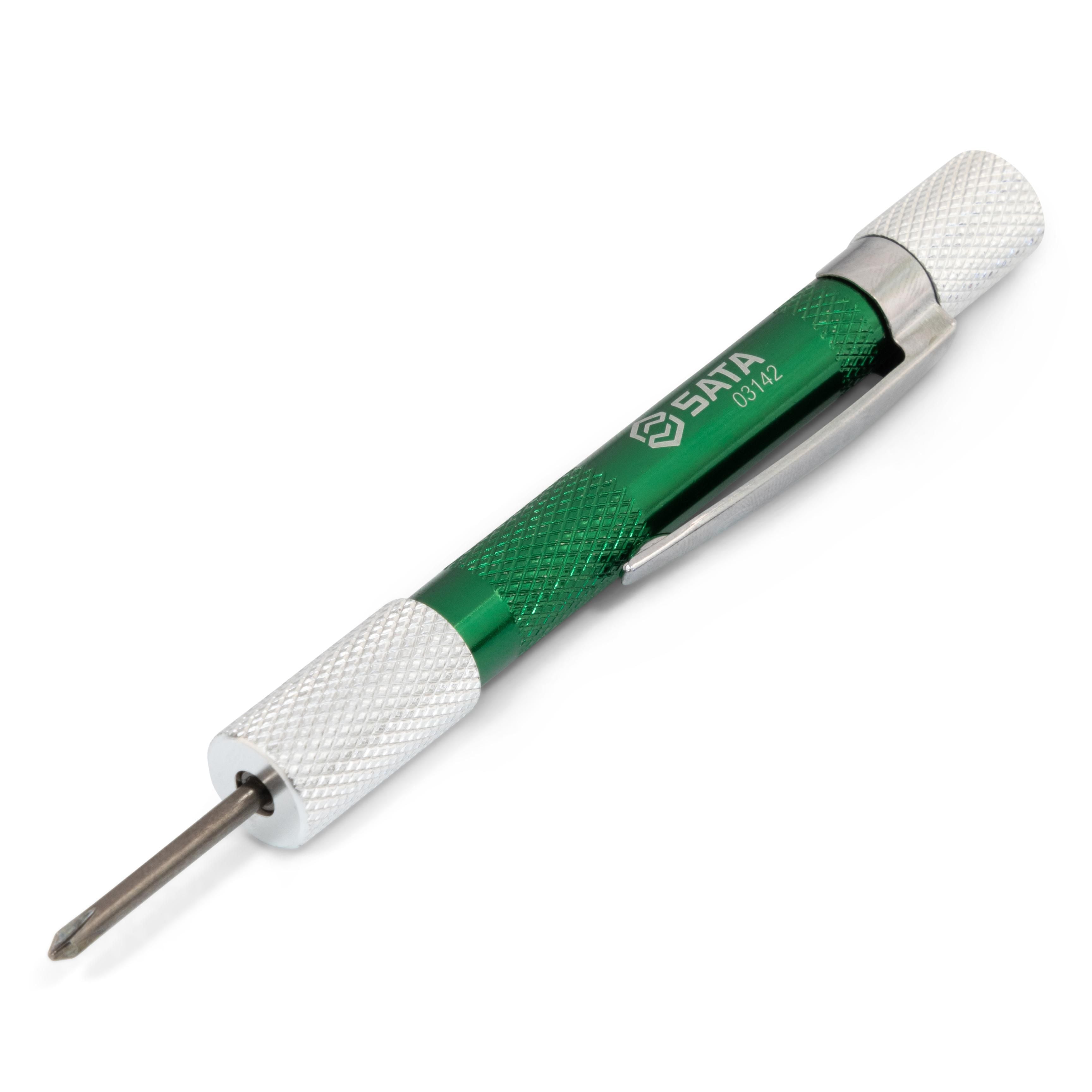SATA 03141/03142 precision screwdriver sets, CrVMo bits, 52HRC hardness, pen-type aluminum body. Slotted/Phillips or Phillips/Torx tips.
