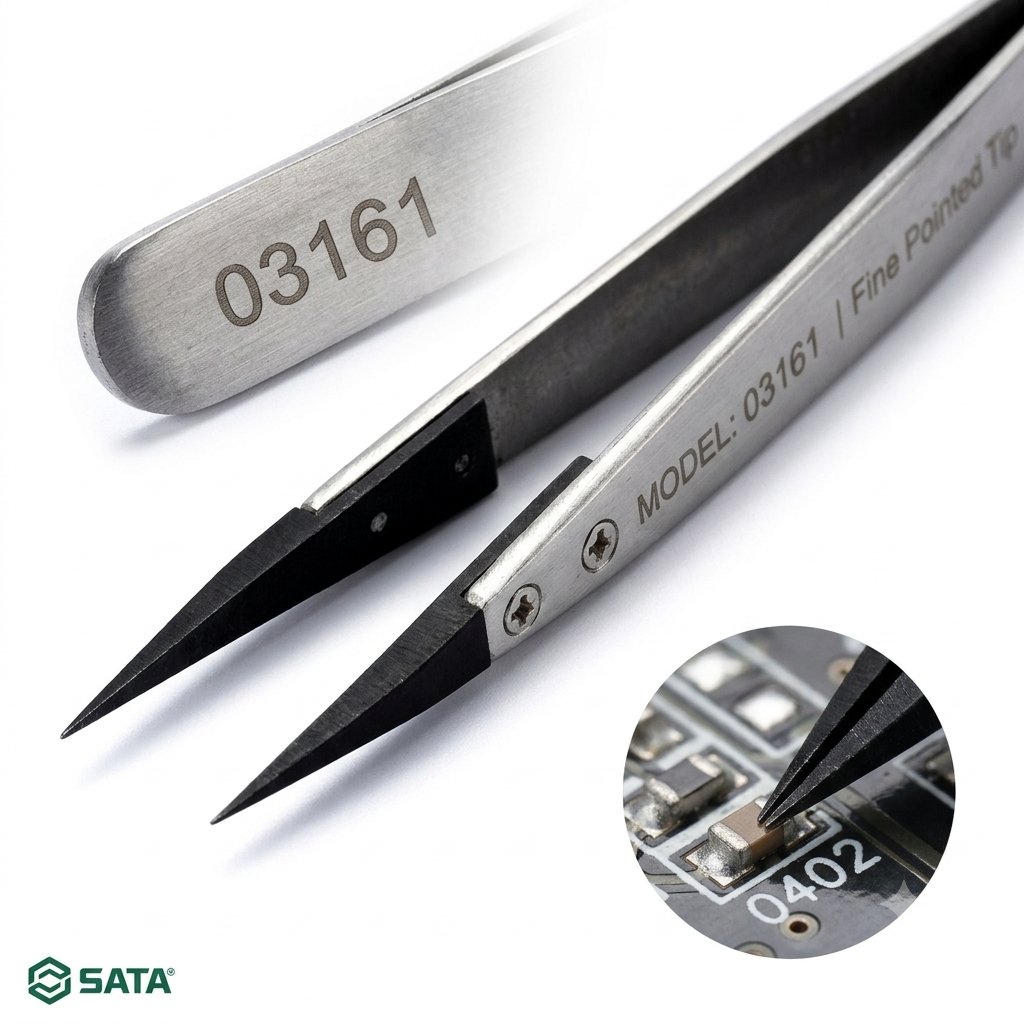SATA ESD tweezers 130mm, stainless steel, acid resistant & diamagnetic. Choose fine point, flat round, or curved fine point tips.