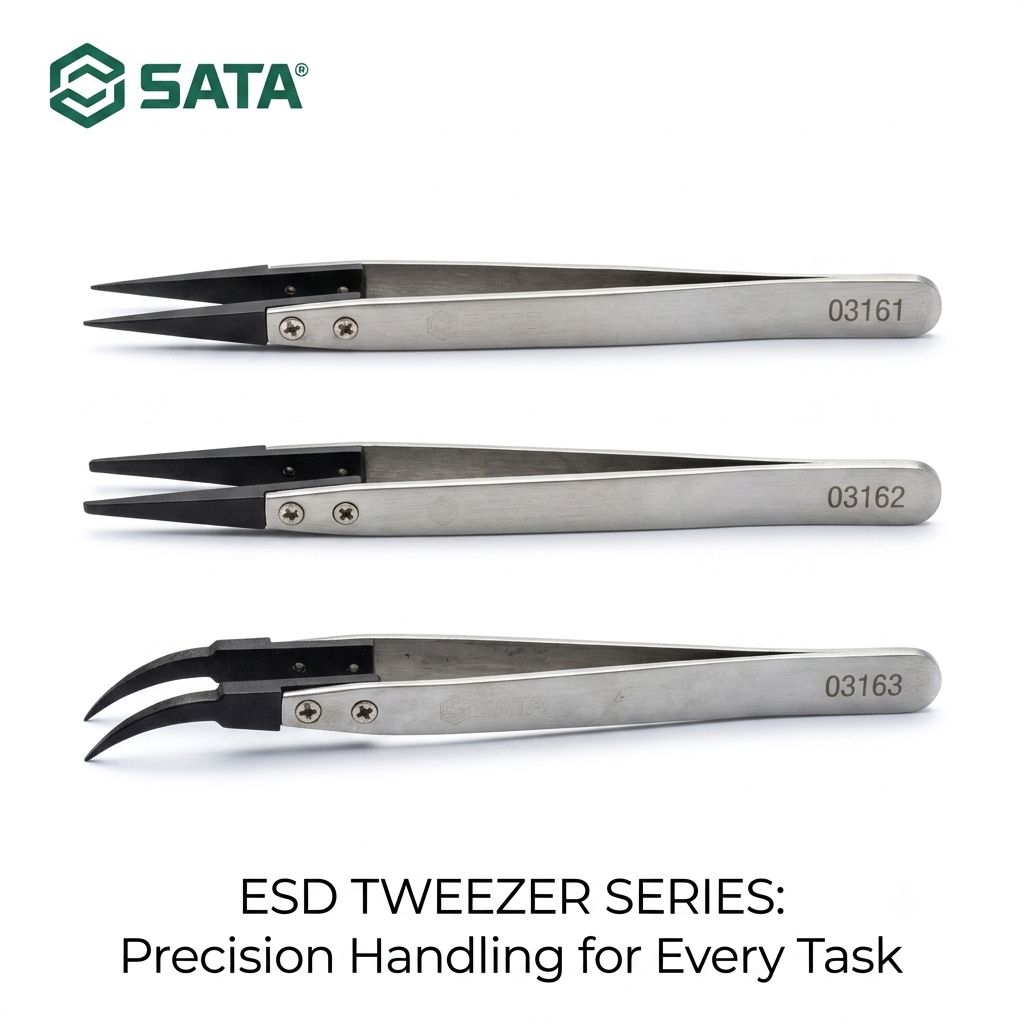 SATA ESD tweezers 130mm, stainless steel, acid resistant & diamagnetic. Choose fine point, flat round, or curved fine point tips.