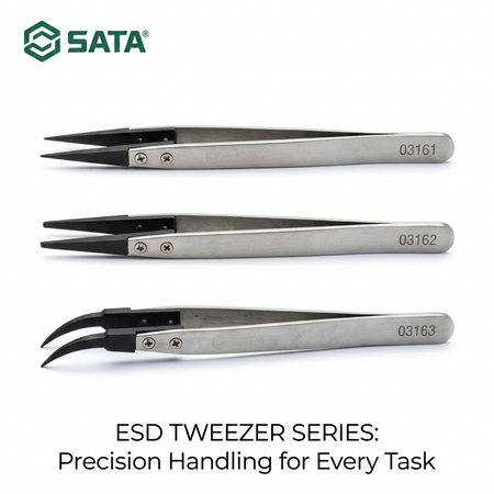 SATA ESD tweezers 130mm, stainless steel, acid resistant & diamagnetic. Choose fine point, flat round, or curved fine point tips.