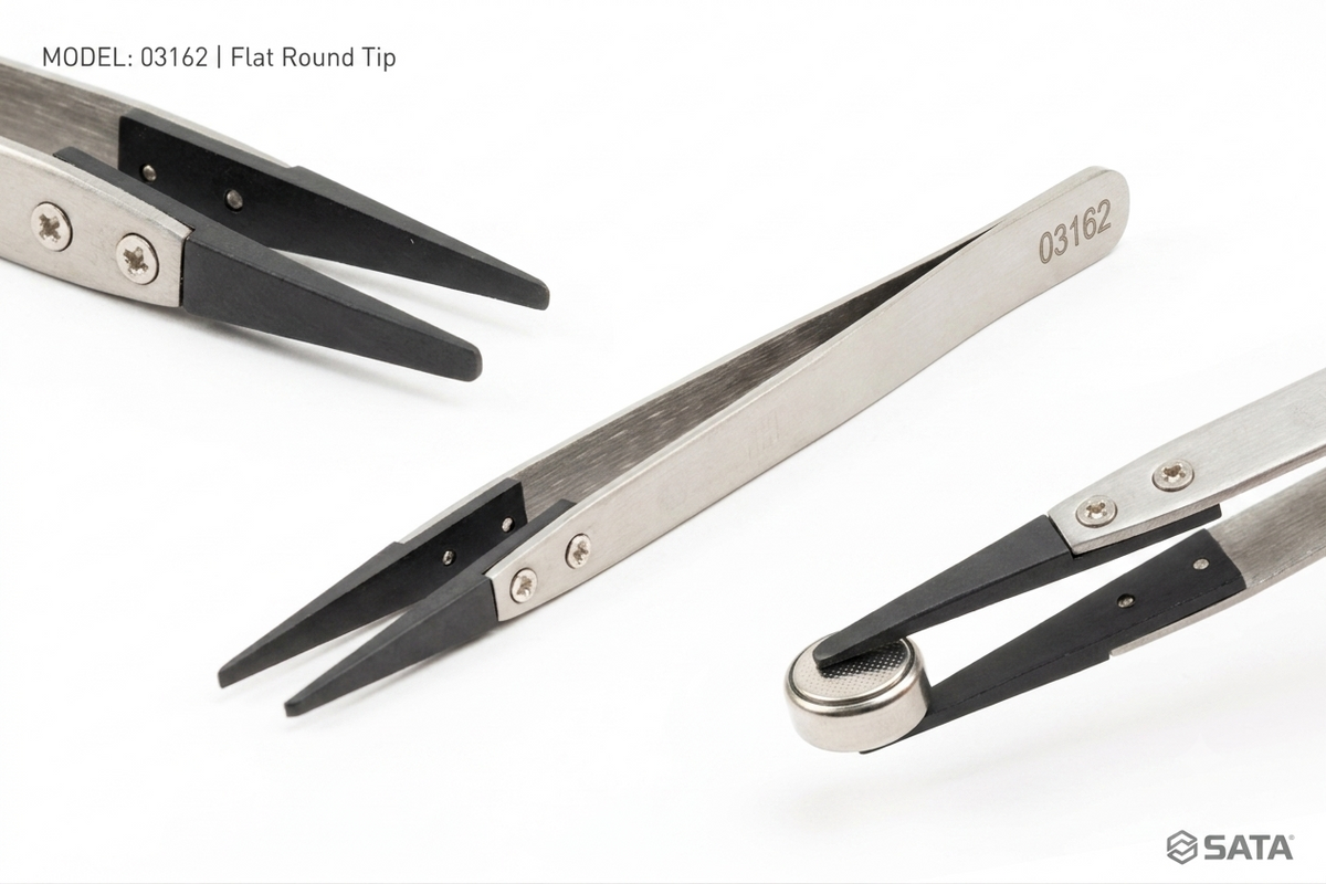 SATA ESD tweezers 130mm, stainless steel, acid resistant & diamagnetic. Choose fine point, flat round, or curved fine point tips.