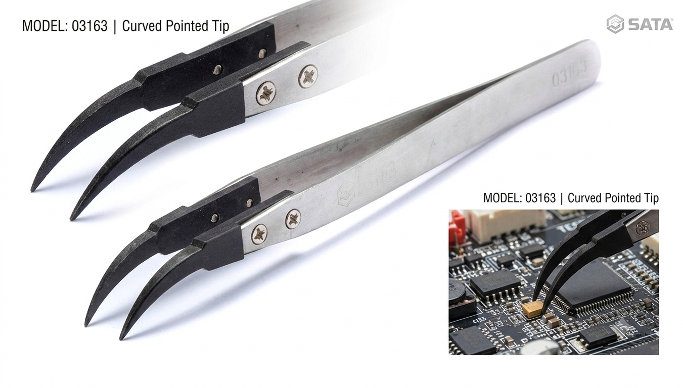 SATA ESD tweezers 130mm, stainless steel, acid resistant & diamagnetic. Choose fine point, flat round, or curved fine point tips.