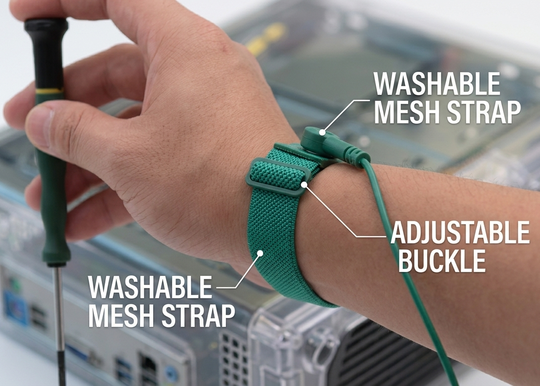 SATA 03310 ESD wrist strap with stretchable 2.5m coil, knitted mesh design & 0.1s static discharge. Safe for clean room use.