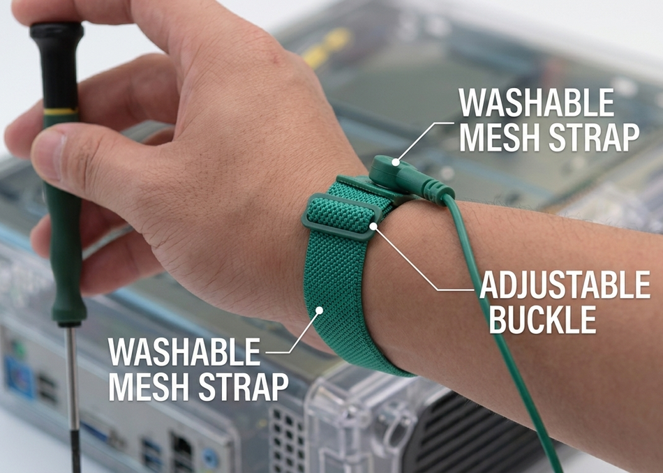 SATA 03310 ESD wrist strap with stretchable 2.5m coil, knitted mesh design & 0.1s static discharge. Safe for clean room use.