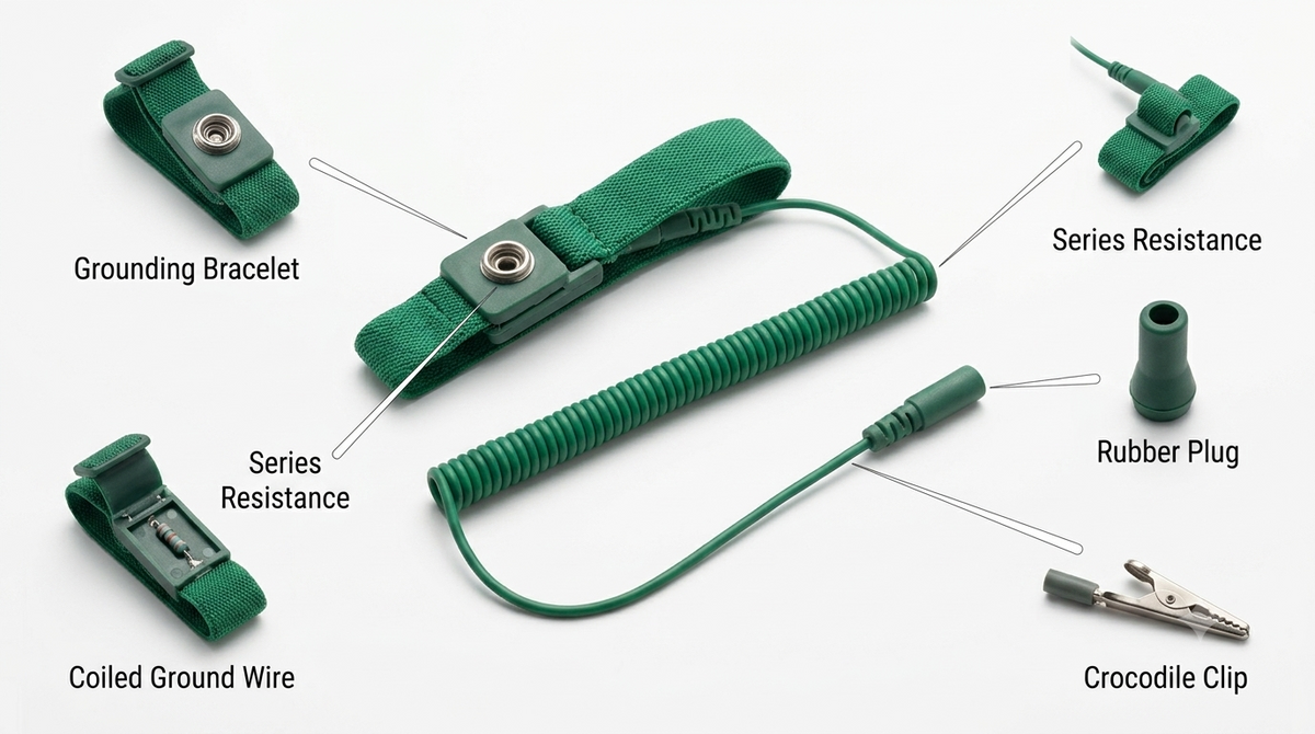 SATA 03310 ESD wrist strap with stretchable 2.5m coil, knitted mesh design & 0.1s static discharge. Safe for clean room use.
