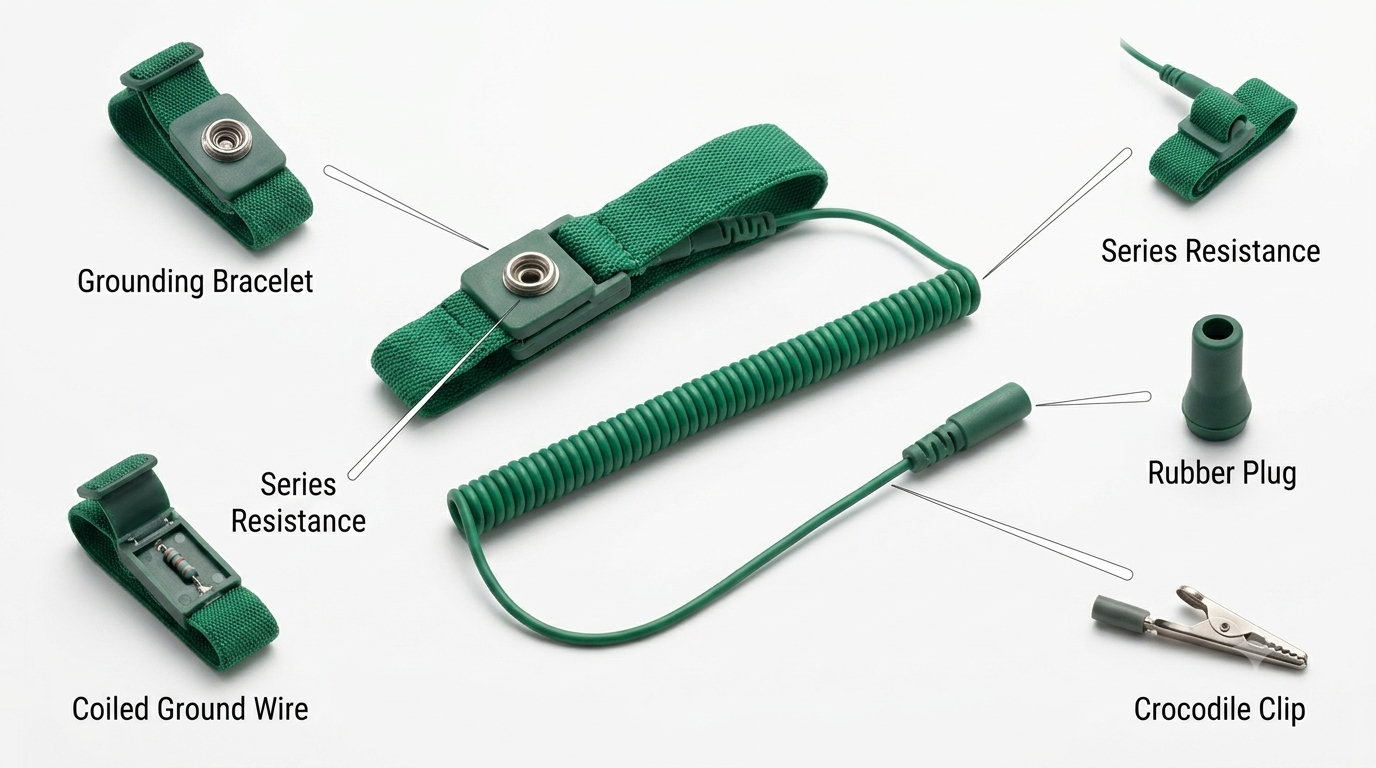 SATA 03310 ESD wrist strap with stretchable 2.5m coil, knitted mesh design & 0.1s static discharge. Safe for clean room use.