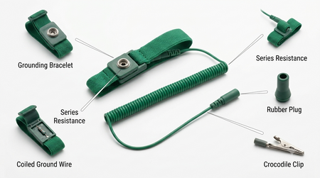 SATA 03310 ESD wrist strap with stretchable 2.5m coil, knitted mesh design & 0.1s static discharge. Safe for clean room use.