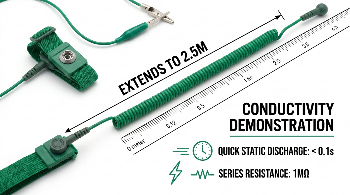 SATA 03310 ESD wrist strap with stretchable 2.5m coil, knitted mesh design & 0.1s static discharge. Safe for clean room use.