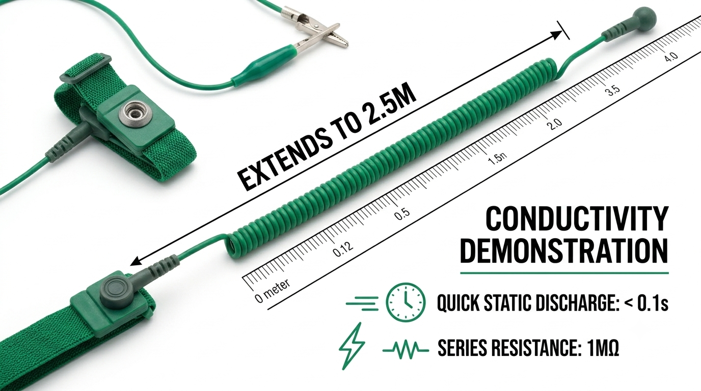 SATA 03310 ESD wrist strap with stretchable 2.5m coil, knitted mesh design & 0.1s static discharge. Safe for clean room use.