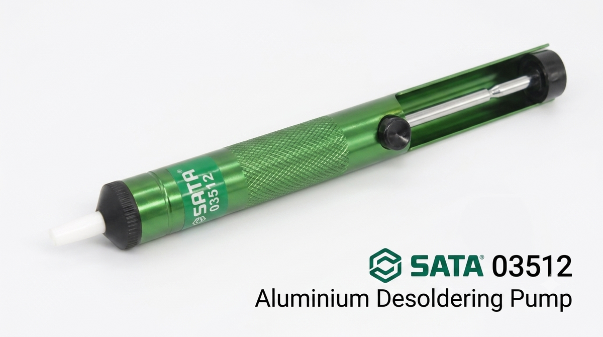 SATA 03512 aluminum desoldering pump with strong suction & PTFE nozzle. 03513 replacement tips (5pc) also available.