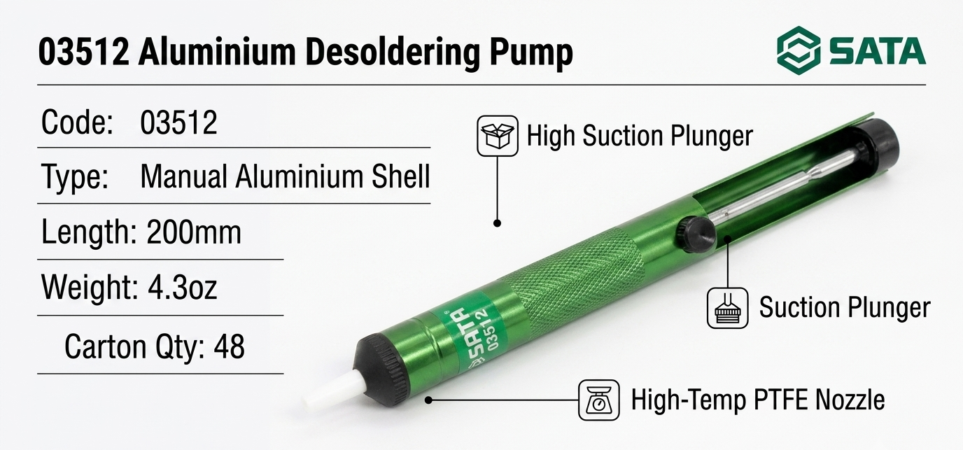SATA 03512 aluminum desoldering pump with strong suction & PTFE nozzle. 03513 replacement tips (5pc) also available.