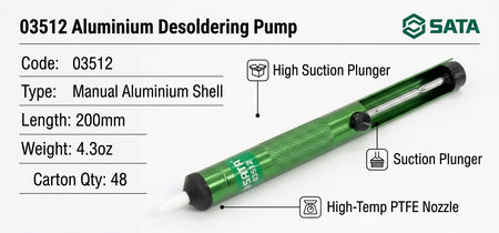SATA 03512 aluminum desoldering pump with strong suction & PTFE nozzle. 03513 replacement tips (5pc) also available.